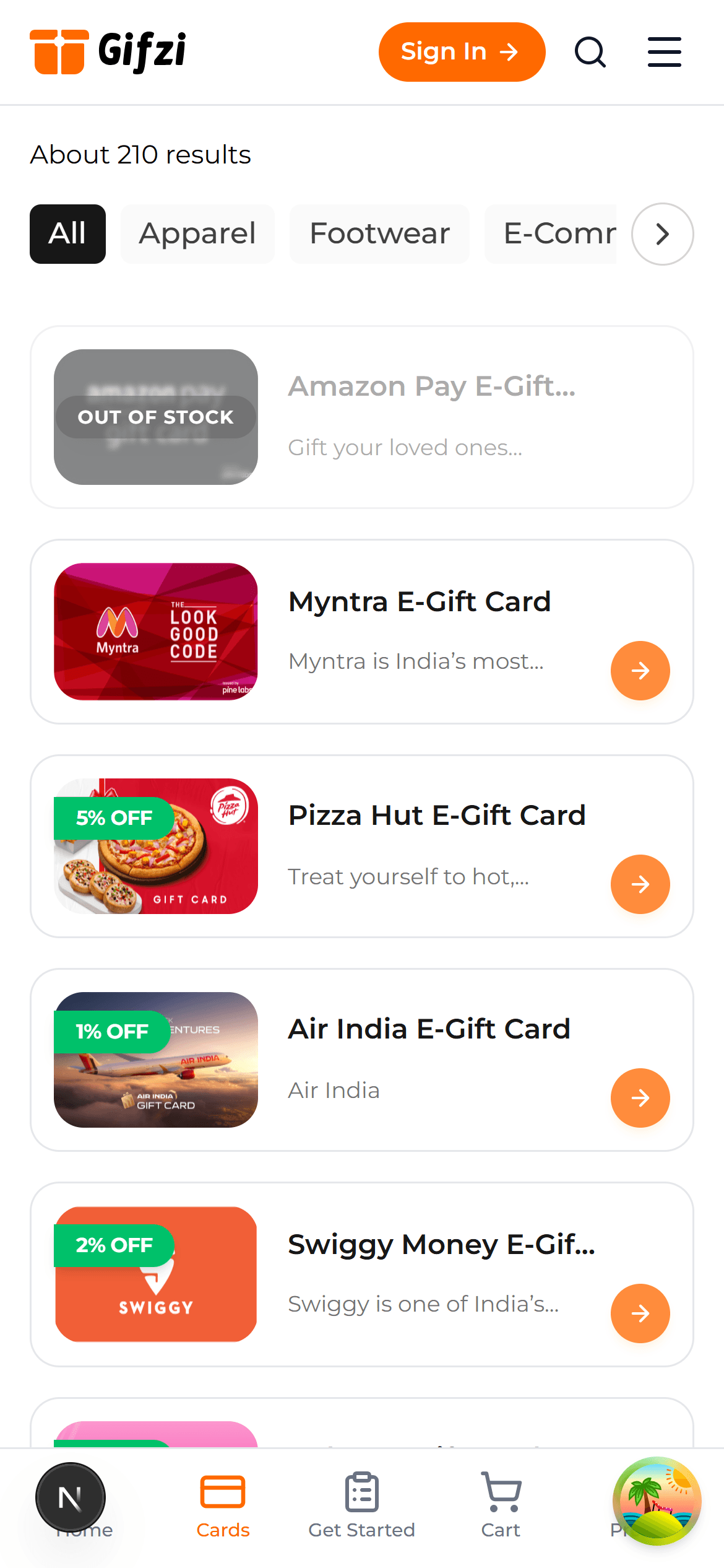 Mobile view of Gifzi Gift Cards