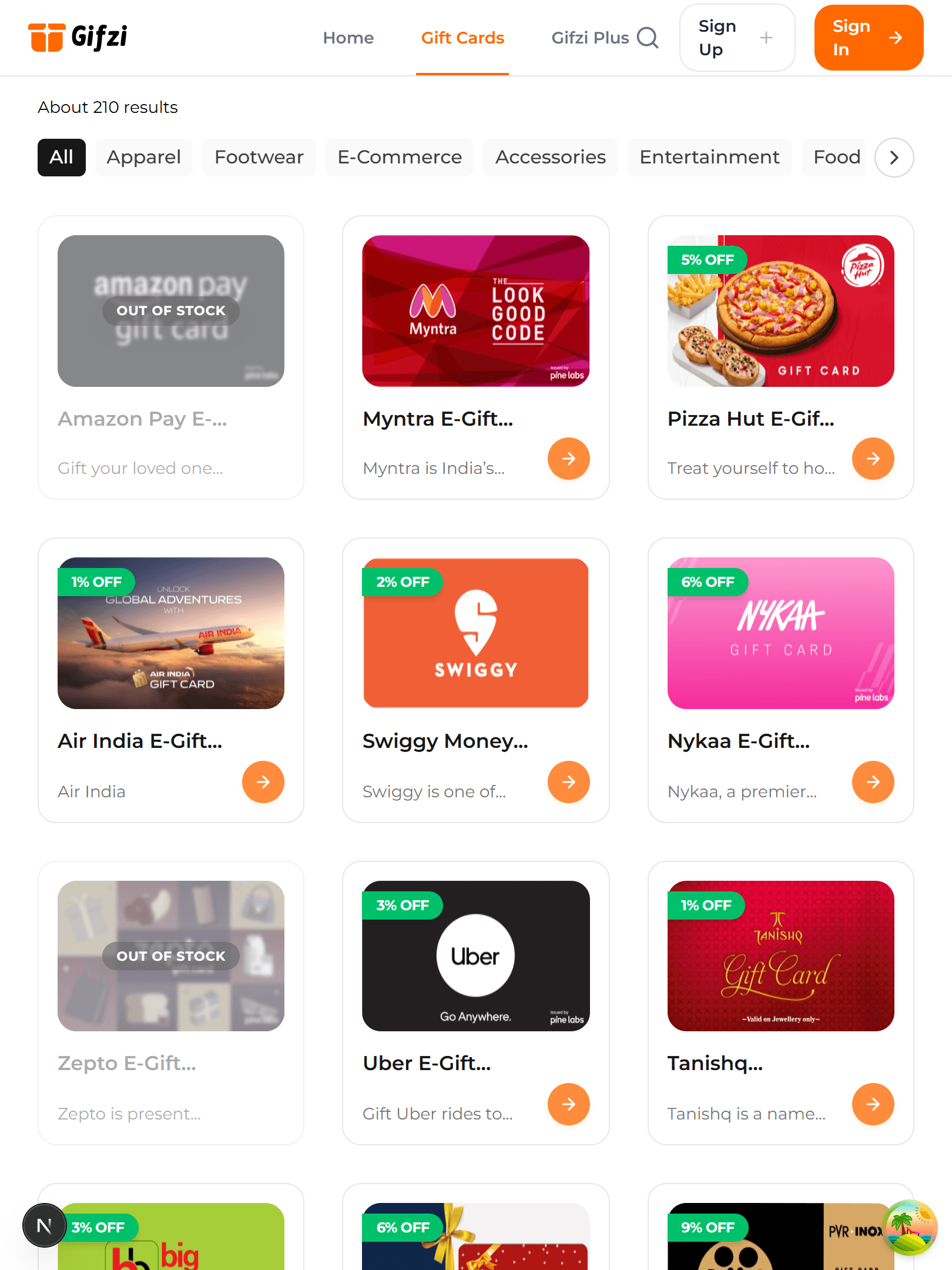 Tablet view of Gifzi Gift Cards